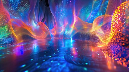 A mesmerizing hologram display of vibrant abstract shapes pulsating and swirling with every movement in the art gallery.