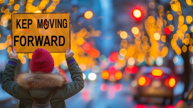 Motivational concept  woman holding  keep moving forward  sign on blurred background, success theme.
