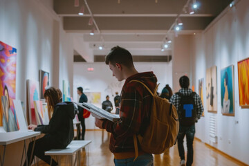 Student boy looking with interest at gallery exposition with people on background. Waist up...