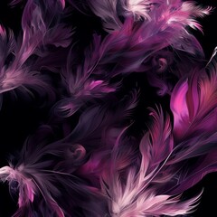 a a black background with purple and white feathers
