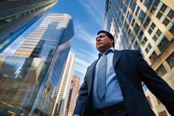 Fototapeta premium A sharply dressed man strides confidently through the bustling city streets, his crisp suit and tie matching the towering skyscrapers that loom above him