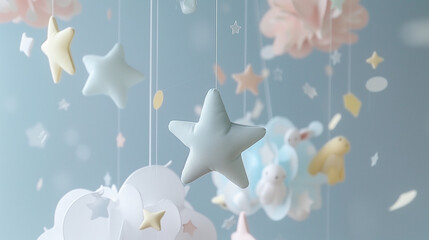 Delicate fabric stars and animal shapes in pastel colors