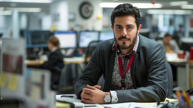 A focused man sits at his desk, surrounded by clothing and staring intently at his computer screen as he works diligently at his job