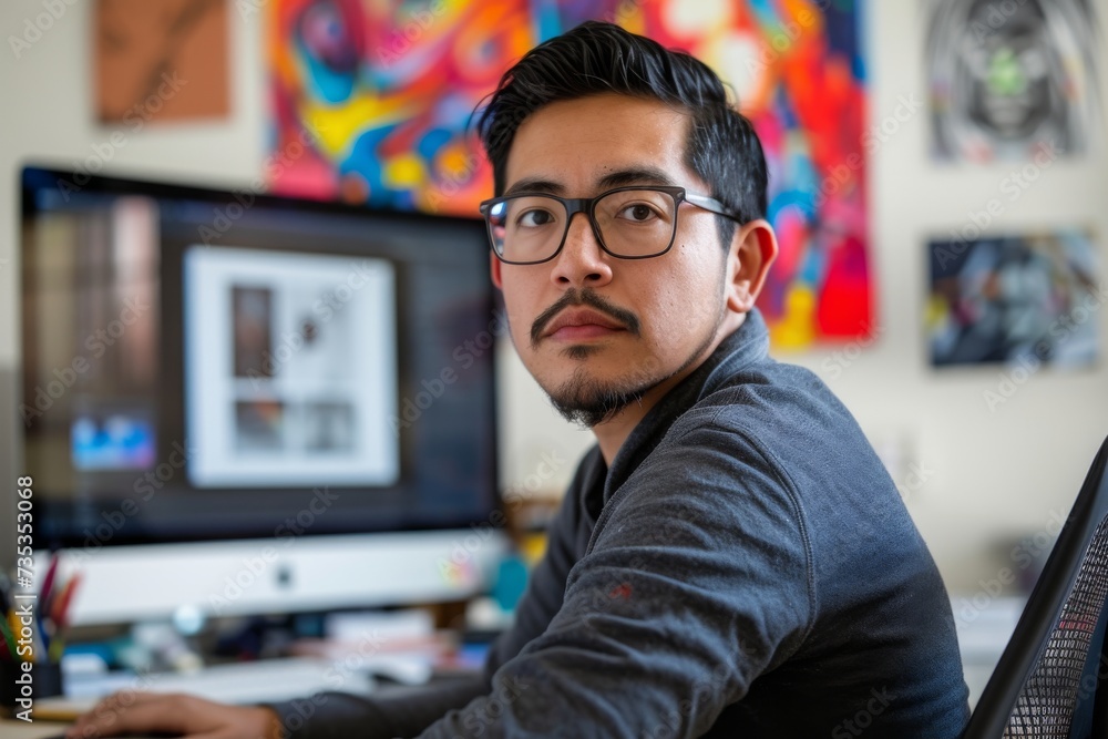 Poster a bespectacled man sat at his cluttered desk, his face illuminated by the glow of the computer monit