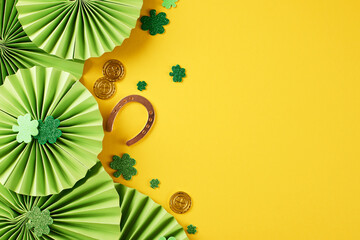 Immersed in irish spirit: crafting your St. Paddy's Day ambiance. Top view shot of green paper...