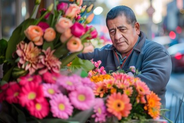 A man's love for nature blooms as he delicately arranges a vibrant bouquet of fresh cut flowers, showcasing his passion for floristry amidst a backdrop of colorful annual plants in an outdoor shop