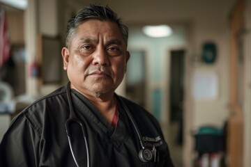Obraz premium A serious man in black scrubs stands against a plain indoor wall, his face marked with wrinkles and a furrowed brow, wearing a jacket as he gazes into the camera with determination