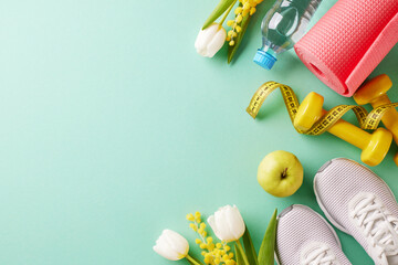 Welcome spring: revitalize your routine with dynamic exercise. Top view photo of white sneakers, yellow dumbbells, measure tape, yoga mat, apple, fresh flowers on teal background with advert area