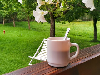 A white cup of coffee stands on the terrace in the early morning in summer. Chaise longue in the...