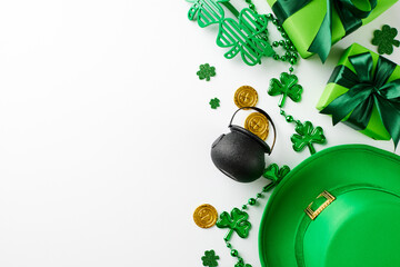 Pot of gold at the table: a whimsical St. Patrick's Day spread. Top view of a pot, golden coins,...