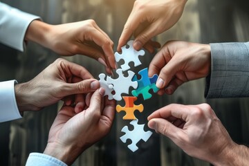 Group of business workers with hands together connecting pieces of puzzle.