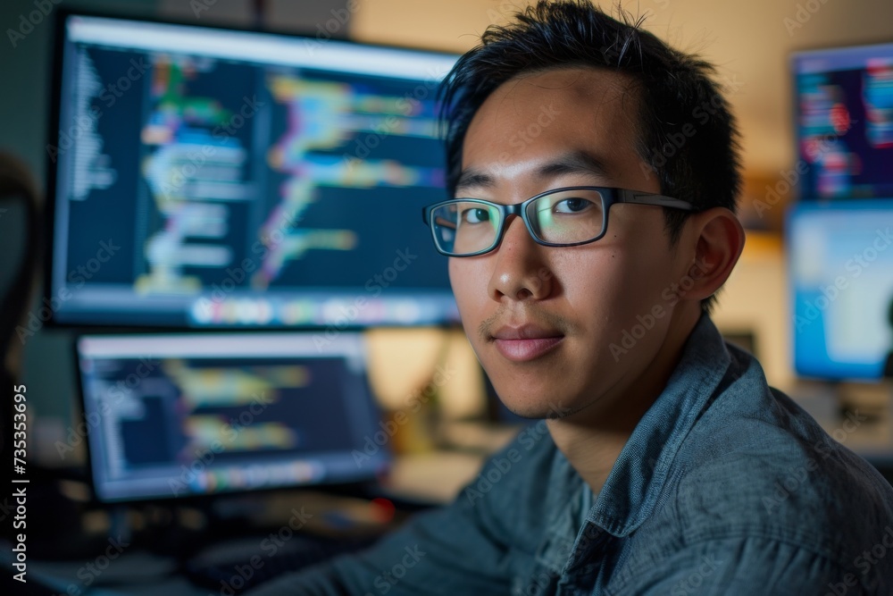 Poster a bespectacled man's face radiates a smile as he sits indoors, intently staring at the computer moni