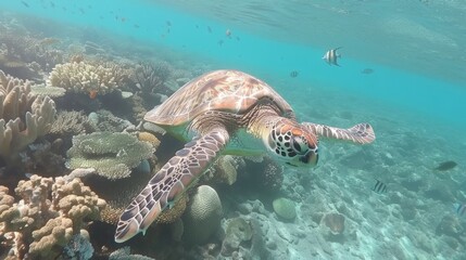 Obraz na płótnie Canvas Curious Sea Turtle Discovering Tropical Reef Beauty AI Generated