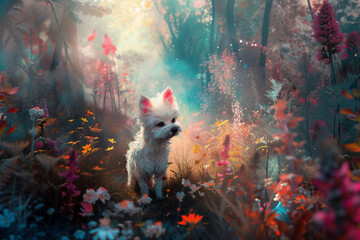 A fantasy magic dog in a fairy-tale wonderland forest