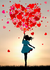Little girl with hearts. Cartoon little girl with hearts against the background of the sky and the sun. A child with heart-shaped balloons