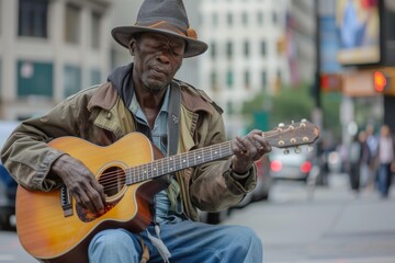 A street performer in a fedora and sun hat plays an acoustic guitar on a bench, surrounded by the...