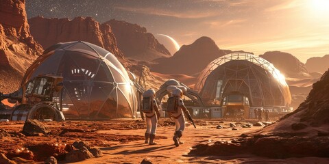 Futuristic Martian spaceport with advanced spacecraft and rocky terrain. Resplendent.
