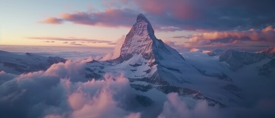 Europe Majestic Peaks. Aerial Drone View Capturing the Stunning Evening Colors and Soft Light of the Mountainous Landscape.