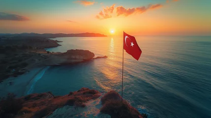 Fotobehang Waving flag of Turkey against the background of the sea, template © Olena