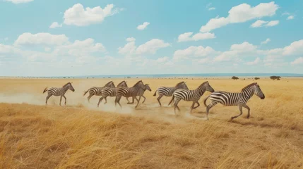 Foto op Canvas Energetic Zebras Running Across Open Plains: Panning Shot AI Generated. © AnimalAI