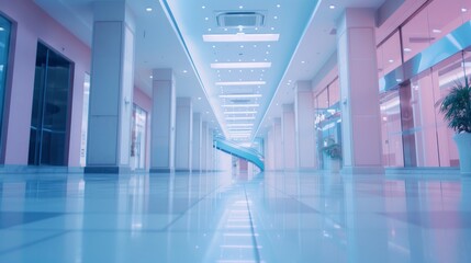 Tranquil Spaces. Panoramic View of a Light Blue Blurred Background in a Spacious Office or Mall Hallway.