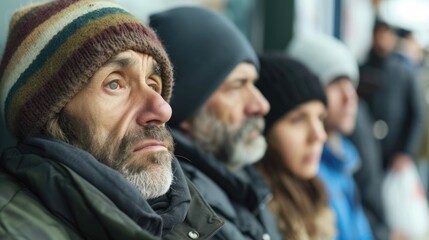 A group of men and women waiting in line at a food bank their eyes downcast as they face the humiliating reality of relying on charity for their next meal.