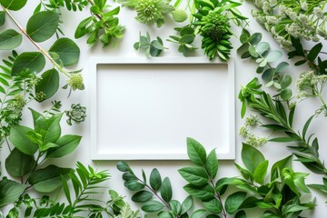 Creative layout made of flowers and leaves with paper card note. Flat lay. Nature concept
