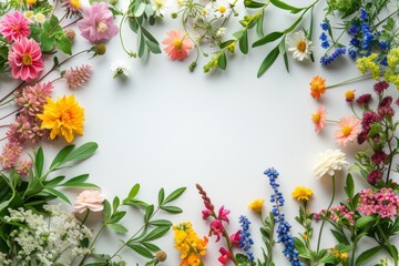 Spring flowers. colorful flowers on white wooden background. Flat lay, top view, copy space