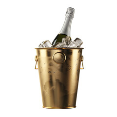 Bottle of champagne in cooler with ice cubes isolated on transparent background png
