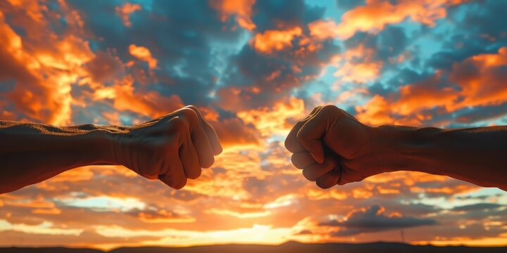 Clash of Determination. Two Fists Collide Against a Dramatic Sky, Symbolizing the Spirit of Conflict and Resolution.