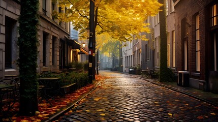Fototapeta na wymiar Cobblestone Street Shimmering with Fallen Leaves