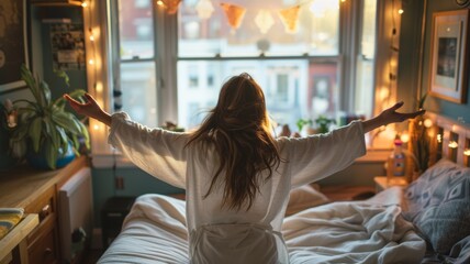 Rear view of woman stretching her arms in bed on early morning at hotel. Young Female Wake up at her bedroom of her house on holidays. - obrazy, fototapety, plakaty