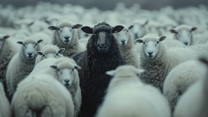 Flock sheep has one black goat as a part of their family. - obrazy, fototapety, plakaty