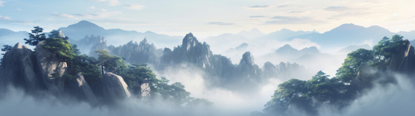 Misty Sunrise over the Rugged Peaks of Huangshan Mountain Range