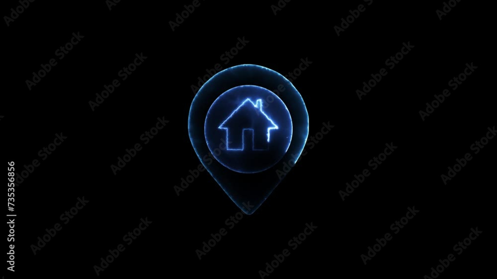 Poster glowing neon line map pointer with house icon isolated on black background. home location marker sym