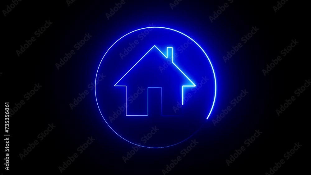 Poster glowing neon line map pointer with house icon isolated on black background. home location marker sym