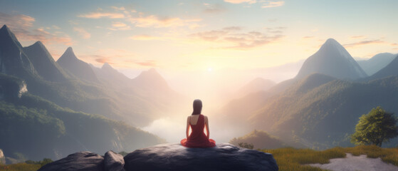 Woman Meditating on a Mountain Top at Sunrise