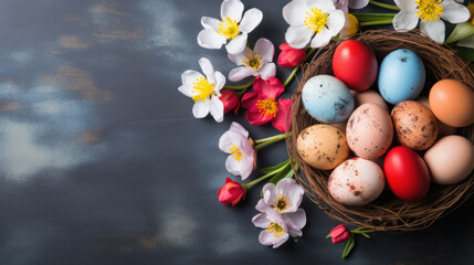 Colorful Easter eggs in a basket and flowers on a grey background
