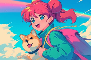 A girl and Shibainu walking on the streets of Harajuku, listening to music with stylish headphones 80s anime rainbow retro fashion 