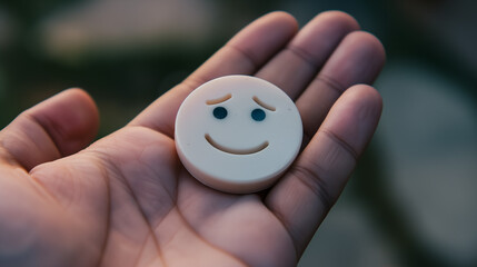Fototapeta na wymiar Hand holding a token with a sad sorry smiley on it