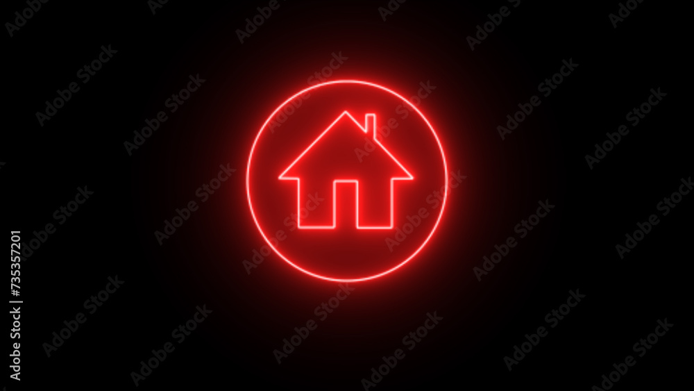 Poster glowing neon line map pointer with house icon isolated on black background. home location marker sym