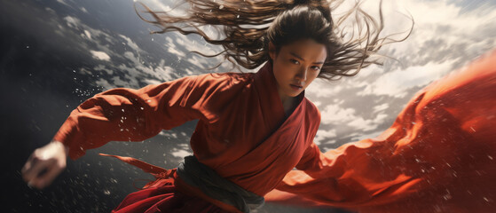 Obraz premium Dynamic Martial Arts Warrior Woman in Mid-Air Combat Against a Cloudy Sky