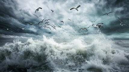 Seagulls in Flight Above Stormy Ocean Waves AI Generated.