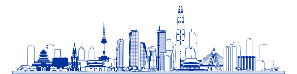 seoul city skyline, south korea landmarks vector illustration line art 