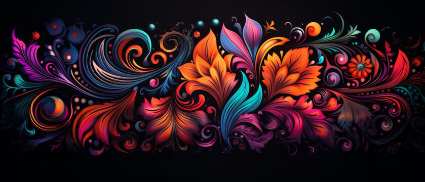Batik Artwork with Incandescent Floral and Plasma Motifs on a Dark Background