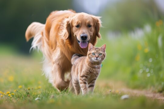 Golden retriever walking through a field with a Ginger cat, showcasing a unique animal bond