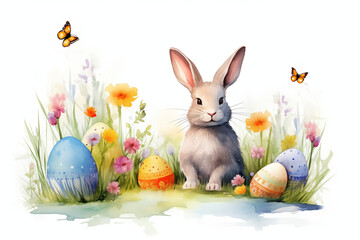 Watercolor Easter illustration with watercolor bunny, eggs and flowers in pastel colors
