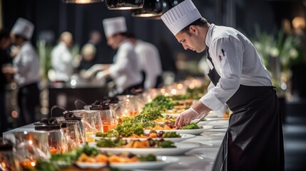 A bustling catering event, with chefs preparing exquisite dishes in an open kitchen. Catering buffet food indoor in restaurant