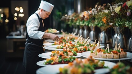 A bustling catering event, with chefs preparing exquisite dishes in an open kitchen. Catering...