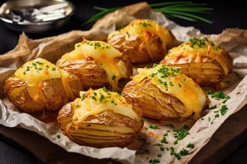 Obraz na płótnie Canvas French baked potatoes with cheese and onions on crumpled baking paper